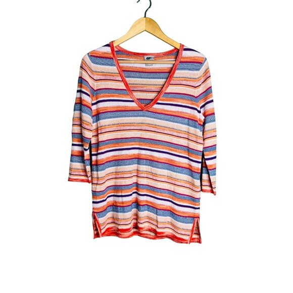 NEW Chico's Loose Knit Striped V-Neck Split‎ Hem Tunic Top 3/4 Sleeve Small - Picture 1 of 8